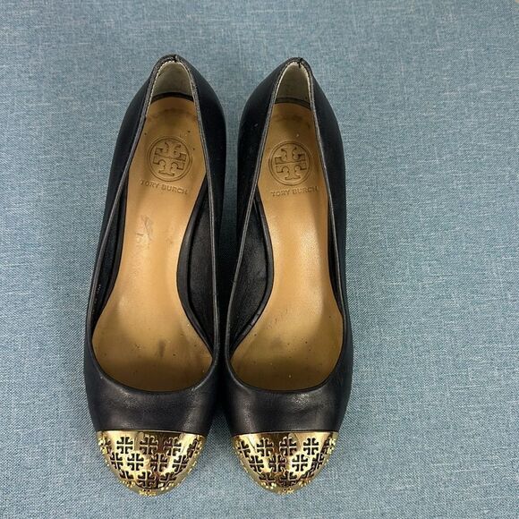 Tory Burch Gold And Navy Blue Leather Wedge Pumps Size 5 - Picture 2 of 10